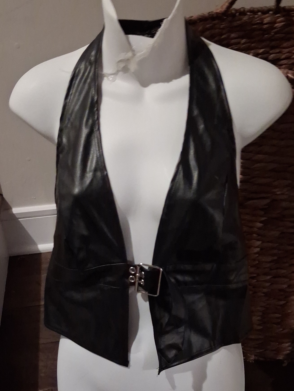 Black Faux Leather Halter Vest with Buckle